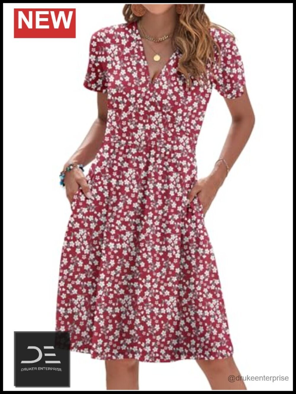 Short Sleeve V Neck Floral Sundress with Pockets